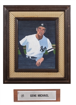 Elegant Gene "Stick" Michael Original 19x22" Portrait Painting by Bob Bower that Hung in General Manager Office at Yankee Stadium and Gene Michaels Yankees Desk Name Plate (Michael Family LOA)